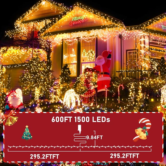 KNONEW 600ft 1500 LED Christmas String Lights Outdoor Green Wire 8 Modes & - Image 2