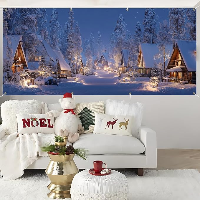 Snowy Winter Village Garage Door Decorations 6x13FT, Cozy Christmas Cabin - Image 5