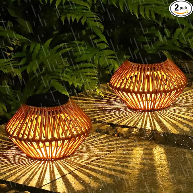 Set of 2 Solar Lights Outdoor Waterproof, Rattan Solar Lantern, Outdoor Table by ARTMOOY