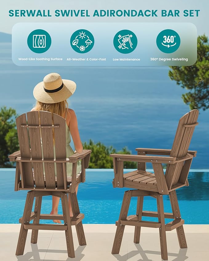 SERWALL Swivel Adirondack Barstools Set of 2, HDPE Outdoor Swivel Bar Chairs - Image 7