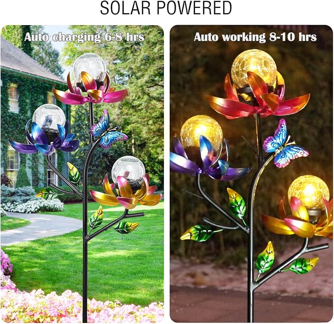 Solar Lights Outdoor Decorative Lotus Flowers Wind Spinner Garden Stake - Image 4