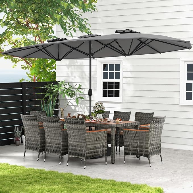 Tangkula 10 Pieces Patio Wicker Dining Set w/Double-Sided Patio Umbrella - Image 9