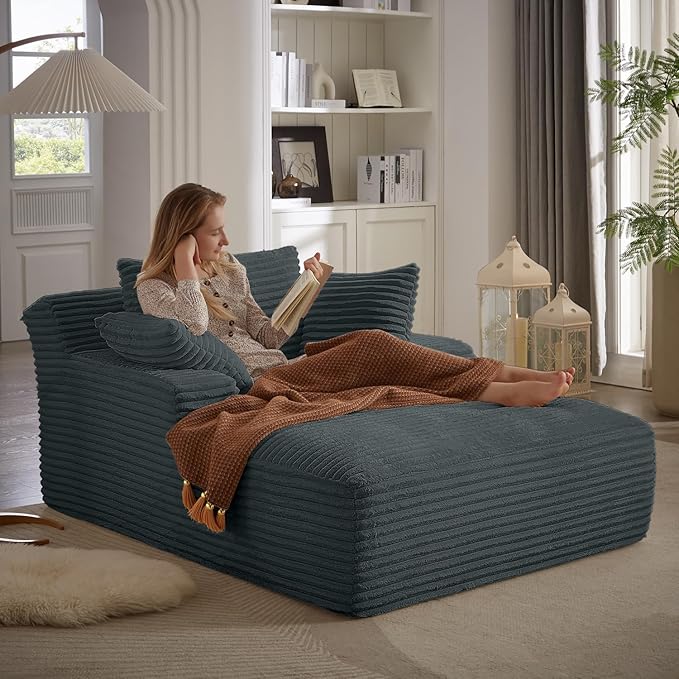 67 Inch Chaise Lounge Chair Indoor, Oversized Corduroy Upholstered Boneless by HANXIN