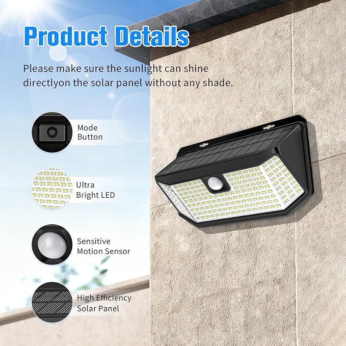 Aootek Solar Lights Outdoor 182 LEDs 2500Lm Solar Motion Sensor Lights IP65 - Image 9