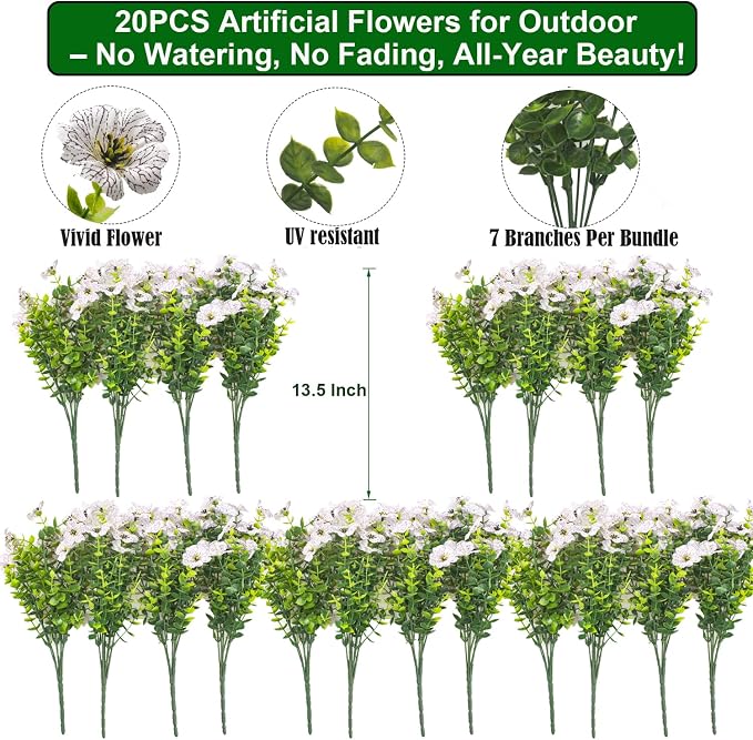 20 Bundles Artificial Flowers for Outdoors, UV Resistant Fake Plants Flowers - Image 2