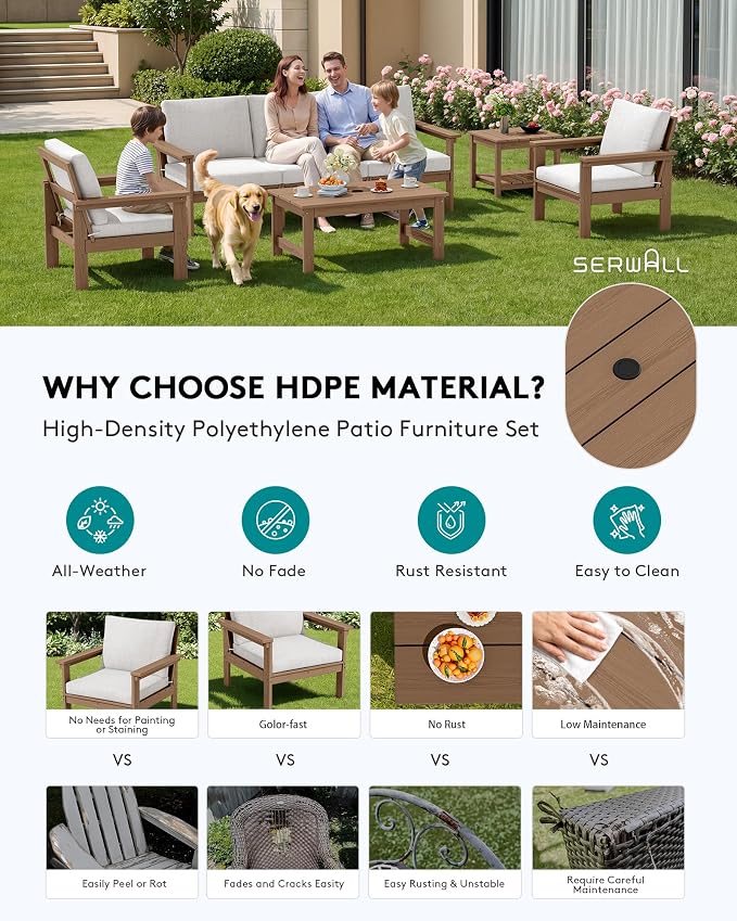 SERWALL HDPE Patio Furniture Set, 7-piece Outdoor Sectional Sofa Set, All - Image 3