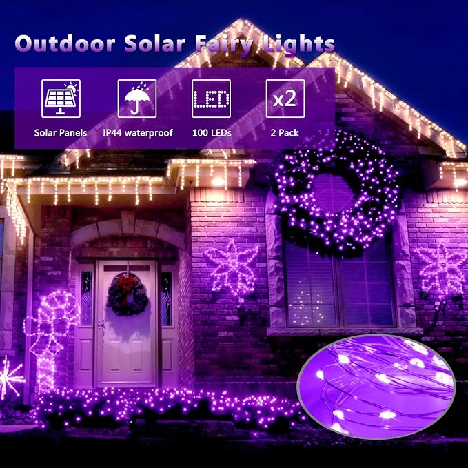 JMEXSUSS 4 Pack Purple Solar String Lights Outdoor Waterproof, 100 LED 33ft - Image 3