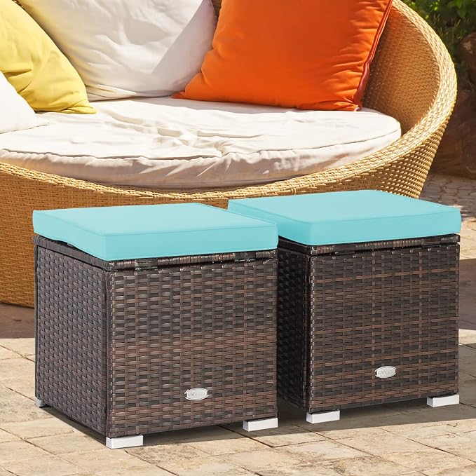 Tangkula 2 Pieces Patio Ottomans, Patiojoy Hand-Woven PE Rattan Side Table - Image 2