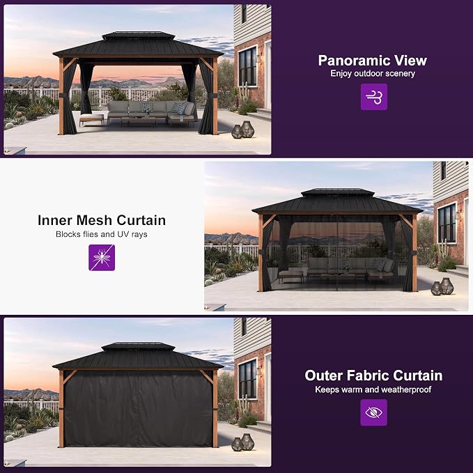 PURPLE LEAF 10' X 14' Hardtop Gazebo Outdoor Wood Grain Aluminum Frame - Image 9