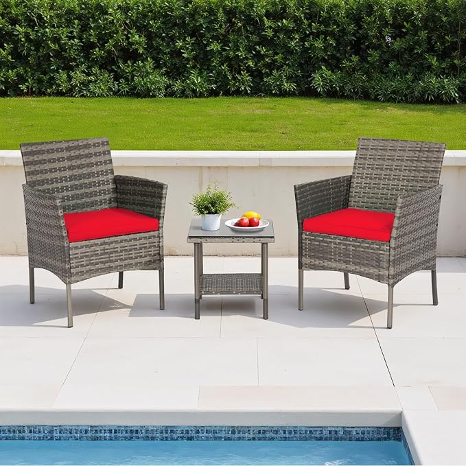 FDW | 3-Piece Patio Furniture Set | Gray & Red | Outdoor Wicker Furniture - Image 2