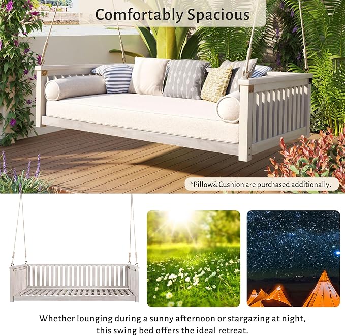 Patio Twin Size Garden Swing Daybed, Acacia Wood Porch Swing - Image 2