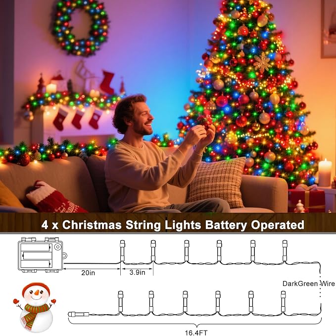 4 Pack Christmas String Lights Battery Operated, Each 50 LED16.5Ft Dark Green - Image 7