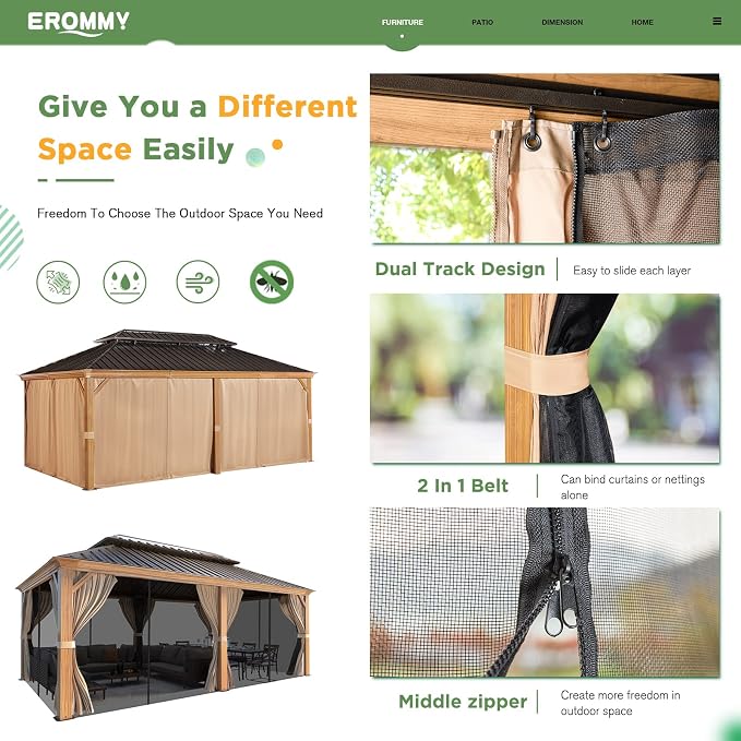EROMMY 12'x20' Gazebo, Galvanized Steel Double Roof - Image 6