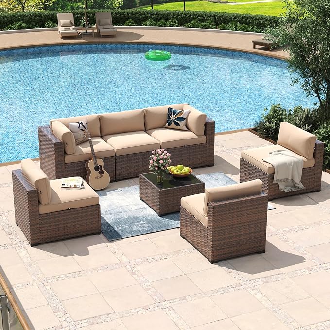 Aoxun 7 Piece Patio Furniture Set Wicker Rattan Patio Conversation Set Outdoor - Image 2
