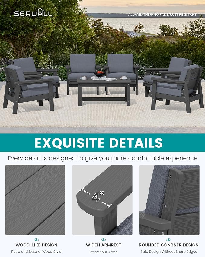 SERWALL HDPE Outdoor Furniture Set, 7 Piece All Weather Wood-Like Outdoor Sofa - Image 4