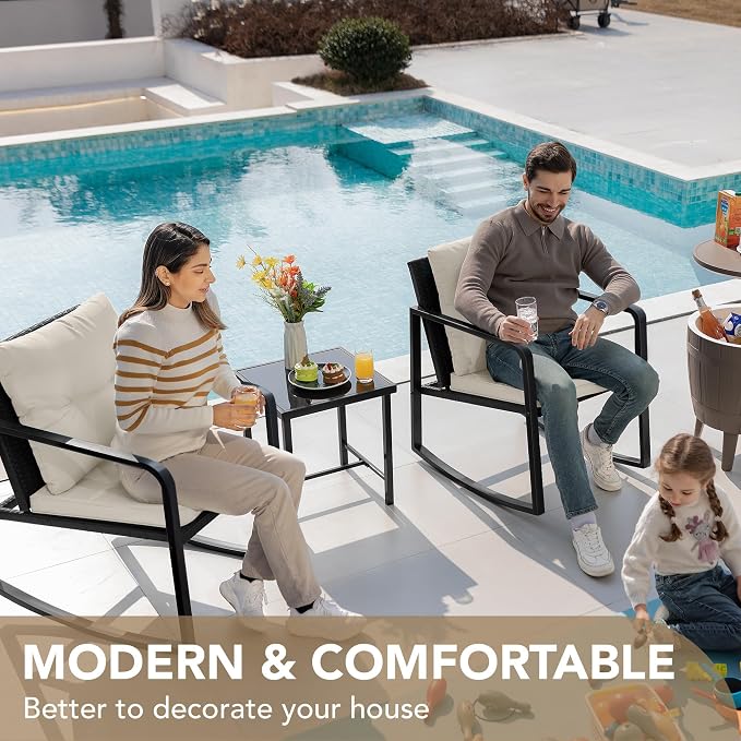 Devoko 3 Piece Rocking Bistro Set Wicker Patio Outdoor Furniture Porch Chairs - Image 7
