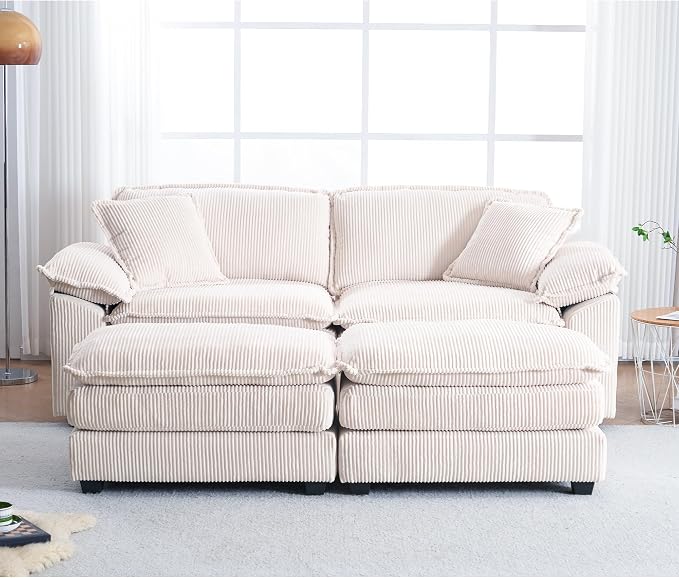 84.6” Corduroy Loveseat with Ottoman, Oversized Double Chaise Lounge Chair - Image 2