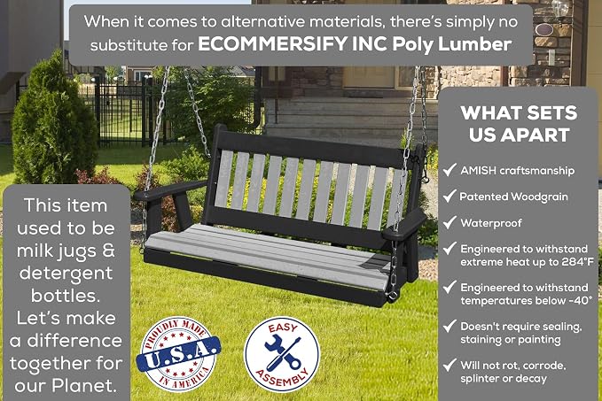 Poly Lumber Wood 4FT Mission Porch Swing Amish Craftsmandship Made in USA HDPE - Image 3