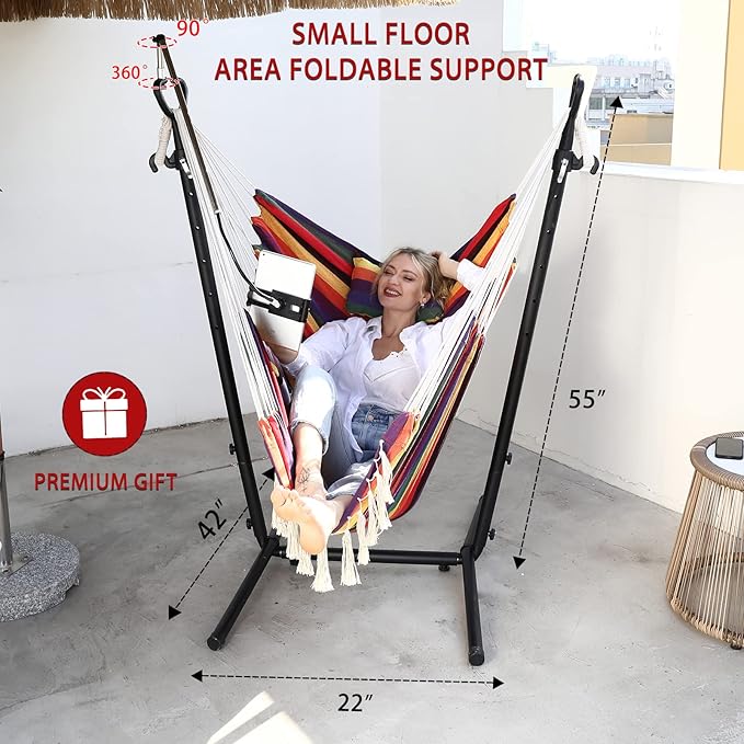 ZEYU Hammock Chair with Stand Double Hammock Chair Bohemian Style with Tassel - Image 4