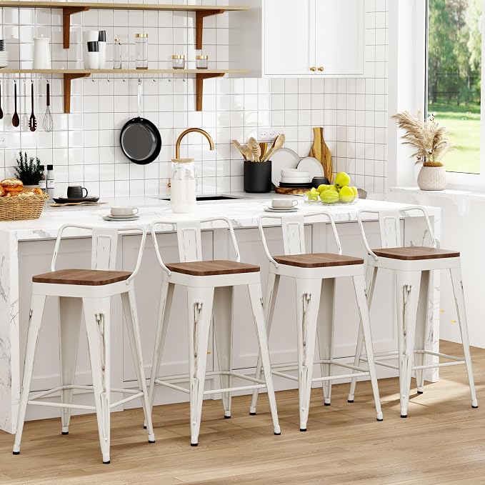 WENTMENT Bar Stools Set of 4, Industrial Style, Metal Frame, Distressed White by WENTMENT