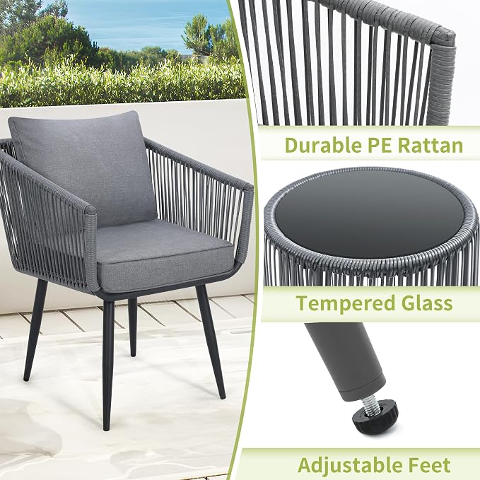Kromax 3 Pieces Patio Rattan Bistro Conversation Set, Outdoor All-Weather - Image 3