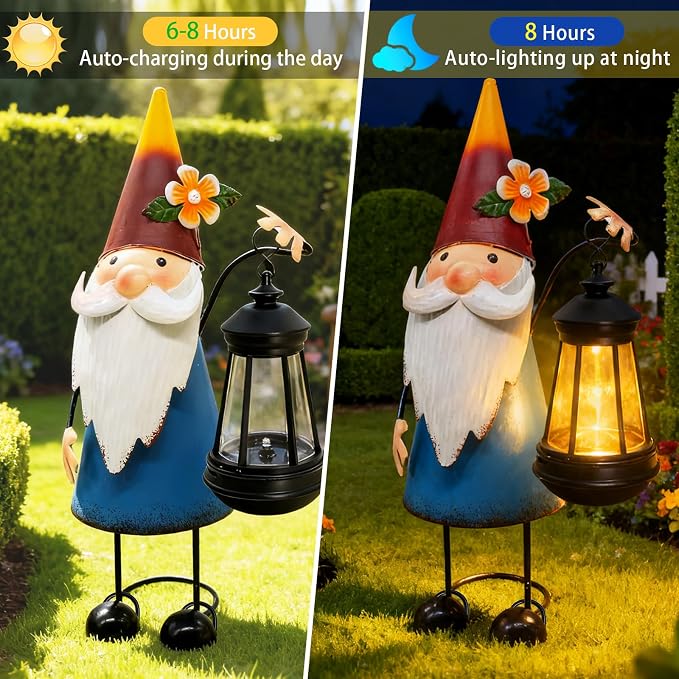 Solar Garden Gnome Statue with Lights, 14.56in Tall Solar Gnome Garden - Image 8