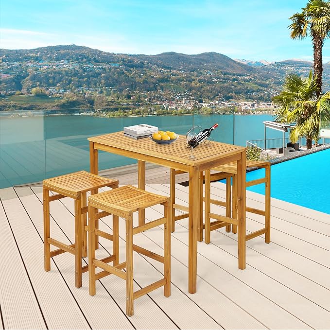 Tangkula Outdoor Acacia Wood Bar Table, 45” Rectangular Bar Height Farmhouse - Image 2