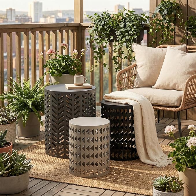 Nesting Outdoor Side Table, Small Round Metal Coffee Tables Set of 3, Stacking - Image 3