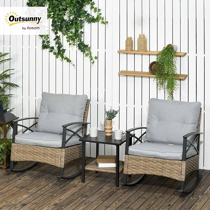 Outsunny 3 Piece Patio Rocking Chair Set, Outdoor Wicker Bistro Set - Image 2