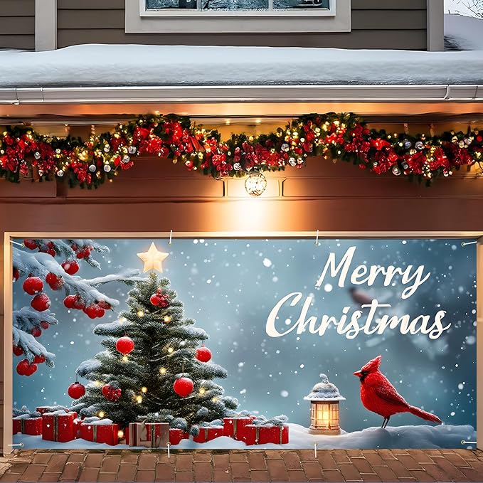 Christmas Garage Door Banner 6x13FT, Cardinal Bird & Ornament Christmas Tree by ANNAQUEEN