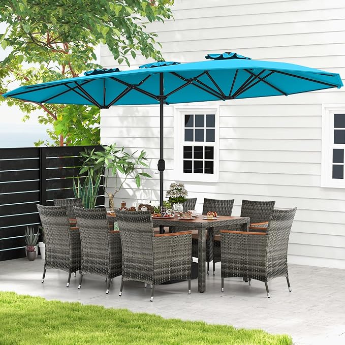 Tangkula 10 Pieces Patio Wicker Dining Set w/Double-Sided Patio Umbrella - Image 9