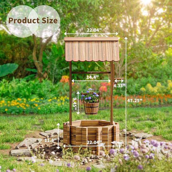 UDPATIO Rustic Solid Fir Wood Wishing Well Planter - Image 6
