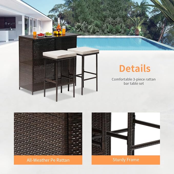 Wicker Patio Furniture 3 Piece Patio Bar Table Set Chairs Wicker Outdoor Rattan - Image 2