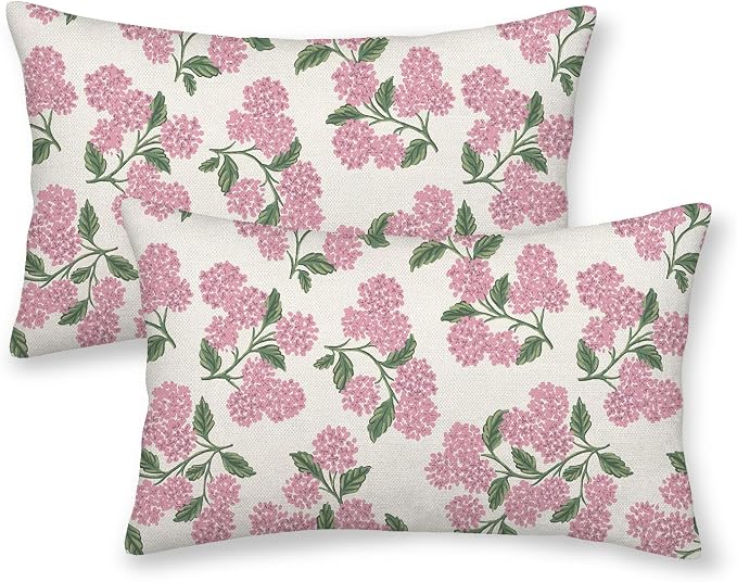 Preppy Pink Pillow Covers 12x20 Inch 2 Pcs Green Hydrangea Flower Decor Throw by DAFENA