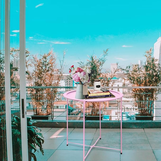 Garden 4 you End Table 2 PCS Metal Side Table Pink Round Folding Tray Cyan Sofa - Image 9