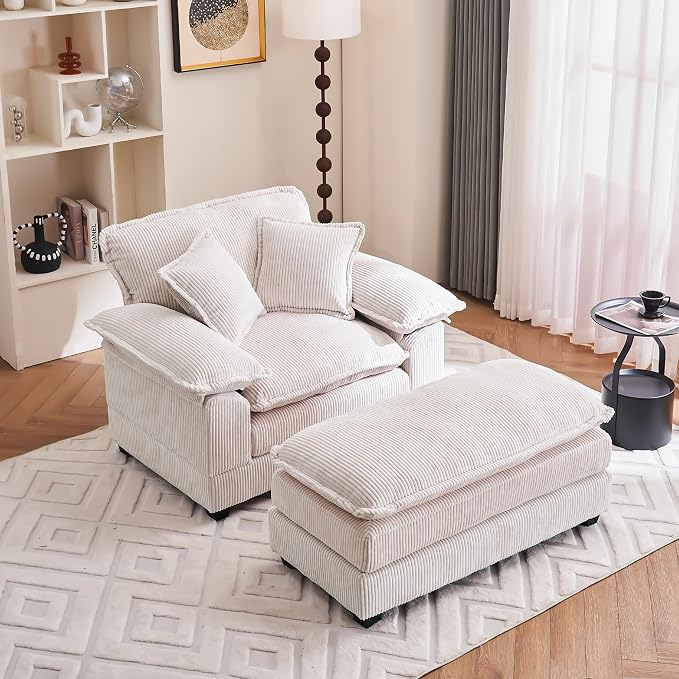 46.9" W Oversized Chair with Ottoman, Corduroy Upholstered Chaise Lounge Chair - Image 3