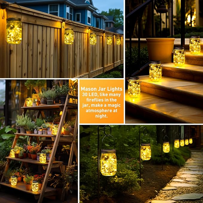 GIGALUMI Solar Mason Jar Lights, 12 Pack 30 Led String Fairy Lights Garden - Image 3