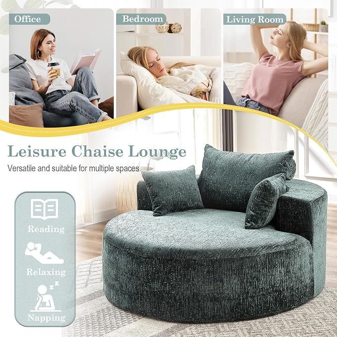 Oversized Round Chaise Longue Chair Indoor, Modern 55-inch Upholstered Chenille - Image 8