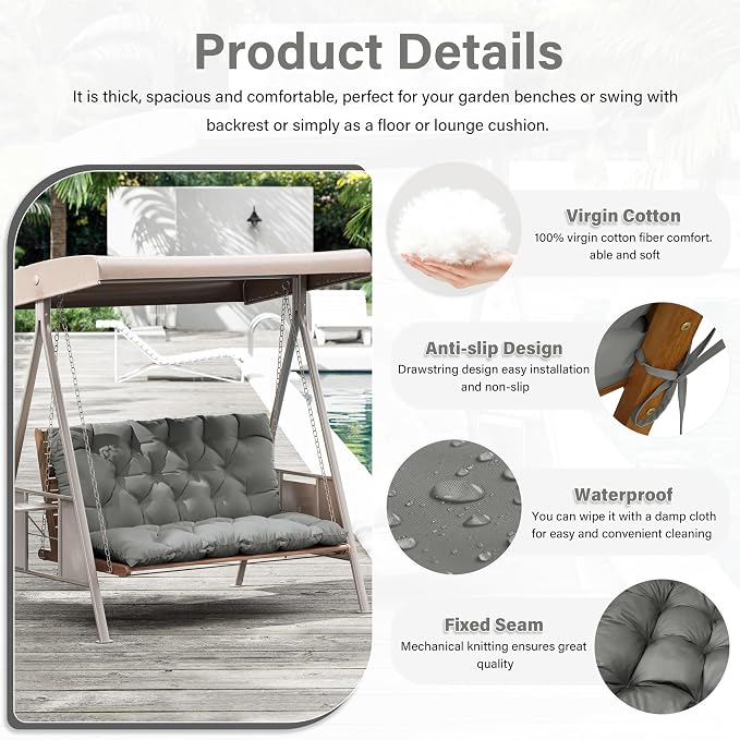 Porch Swing Cushion with Backrest, Waterproof Bench Cushion - Image 3