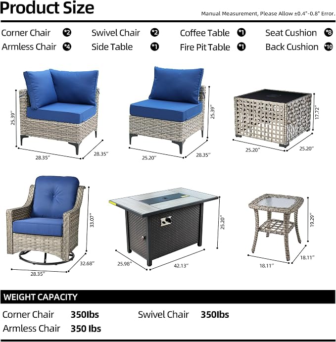 11 Pieces Outdoor Patio Furniture Set, Rattan Wicker Sectional Swivel Rocker - Image 8