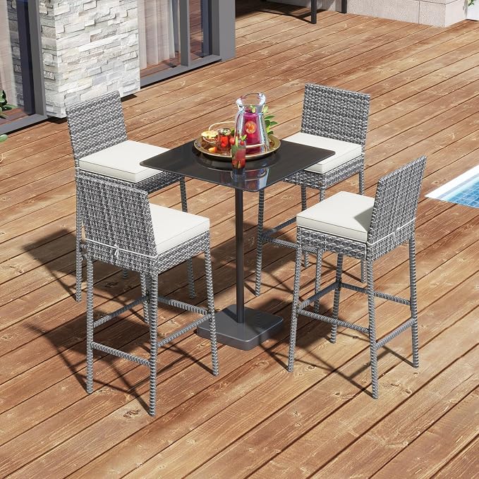 COSTWAY Outdoor Wicker Bar Stools Set of 4, Footrest and Backrest, Rattan - Image 2