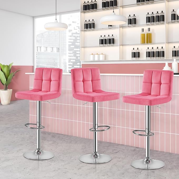 Yaheetech Pink Velvet Bar Stools, Adjustable Barstools Set of 4, Armless Swivel - Image 2