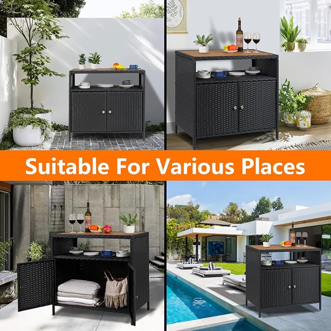 IDEALHOUSE Patio Outdoor Wicker Storage Cabinet，Patio Bar Table - Image 4
