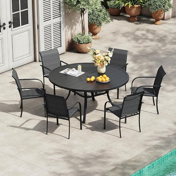 VICLLAX 7 Pieces Patio Outdoor Dining Set, 47.2" Round Metal Table by HOME