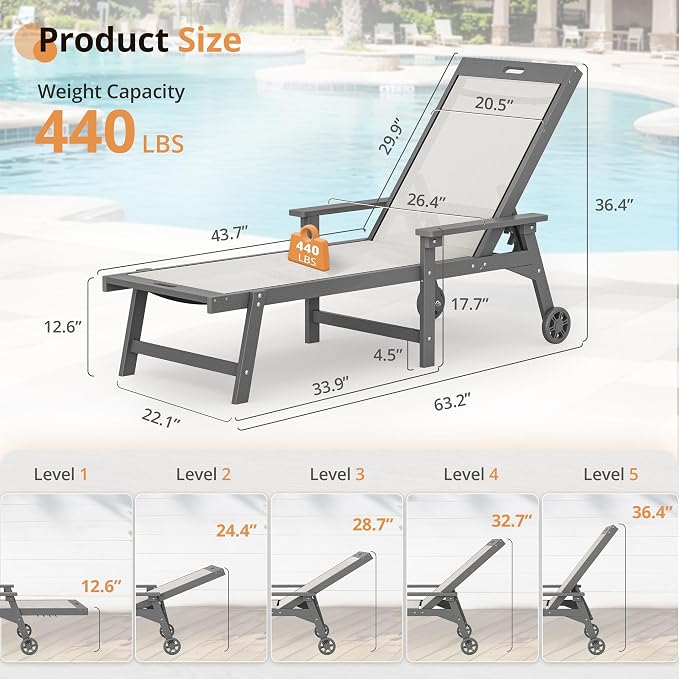 LUE BONA Chaise Lounge Chair Outdoor Set of 4, HDPS and HDPE Wicker Chaise - Image 3