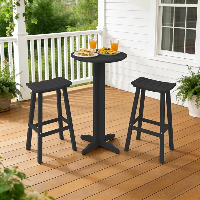 3-Piece Outdoor Bar Table Set, HDPE Patio Dining Set, 1 Round Bar Table & 2 Bar - Image 2