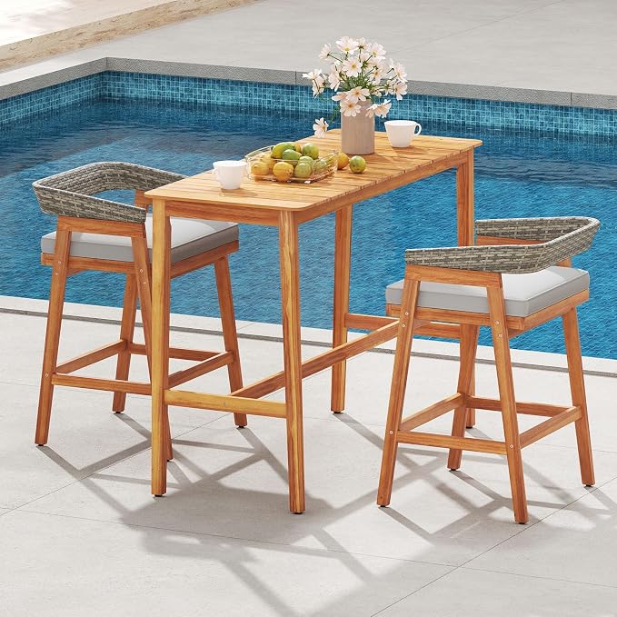 Tangkula 5 Piece Patio Bar Set, Outdoor Acacia Wood Counter Height Table - Image 4