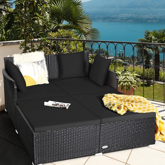 HAPPYGRILL Patio Rattan Daybed Outdoor Loveseat Sofa Set - Image 4