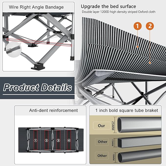 ABORON Camping Cot for Adult 28" Extra Wide, Heavy-Duty 1200D Oxford Cot for - Image 7