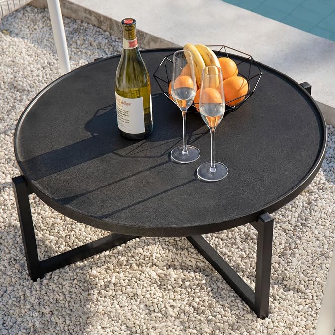 COSIEST Small Round Outdoor Coffee Table Dark Grey, Balcony and Living Room by COSIEST
